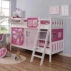 Ticaa Erni Etagenbett Buche Weiß A1 Massivholz - Vorhang-Dessin Wählbar